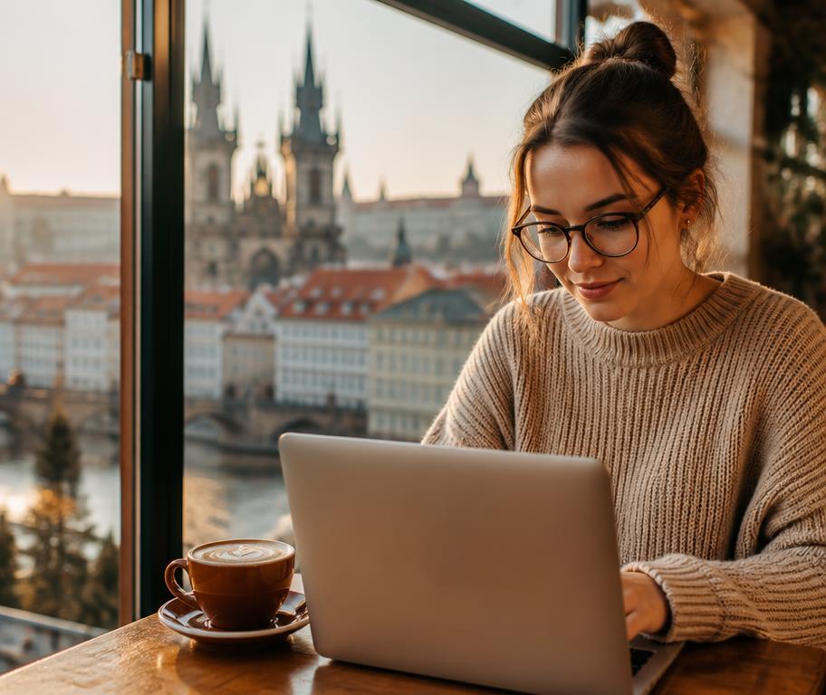 Consultant working on a laptop with a view of Prague