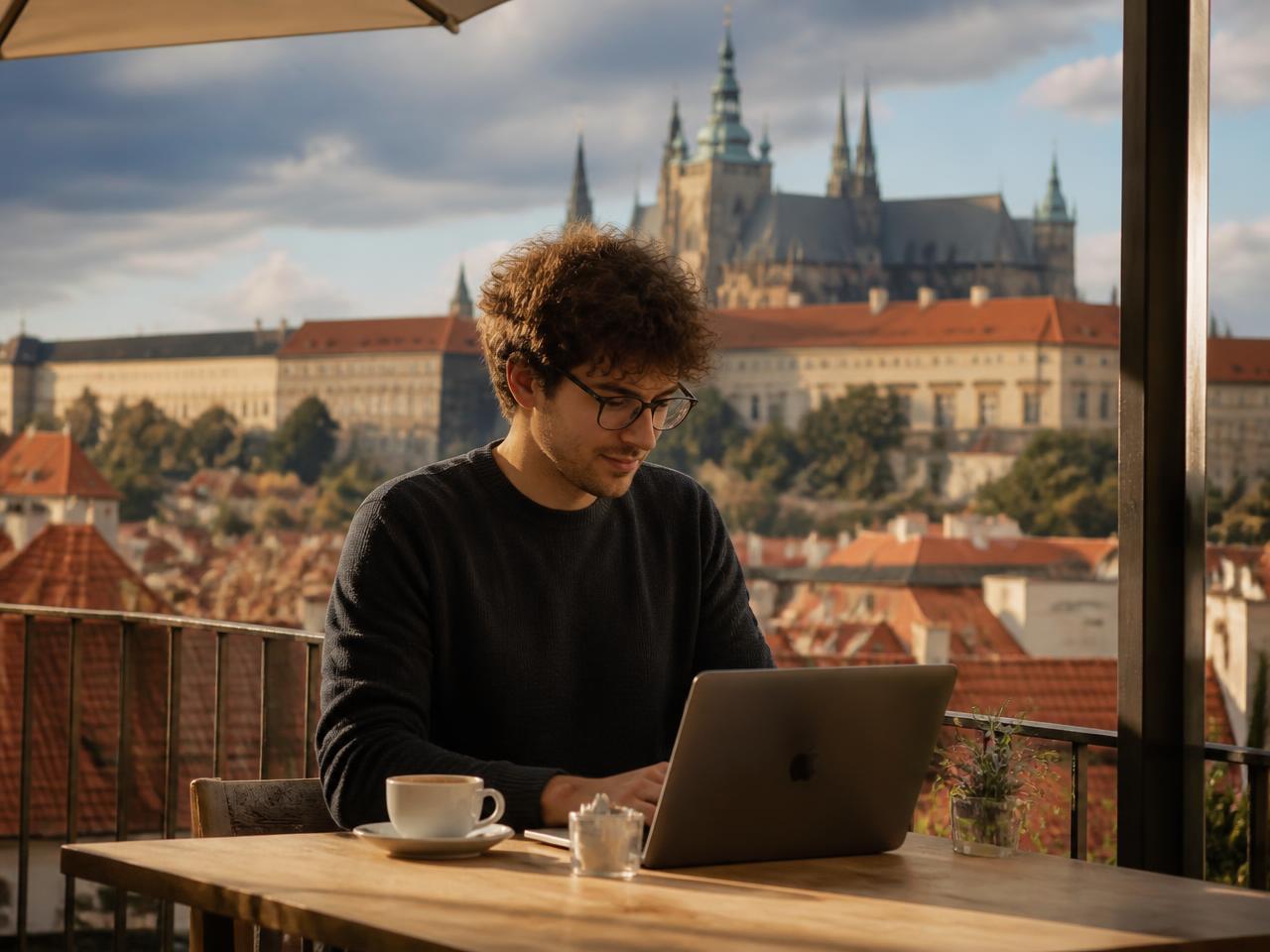 Freelancer working on a laptop with the Prague skyline in the background